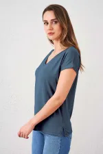 Kadın Lacivert V Yaka Geniş Salaş Tişört