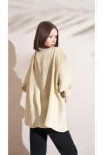 Kadın Taş Kendinden Çizgili Oversize Gömlek