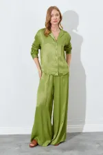 Kadın Yağ Yeşili Beli İnce Lastik Detaylı Saten Pantolon