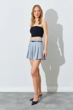 Kadın Gri Pileli İnce Kemerli Poliviskon Etek