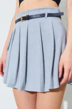 Kadın Gri Pileli İnce Kemerli Poliviskon Etek