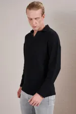 Men's Black Polo Collar Long-Sleeve Jacquard Sweatshirt