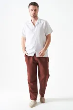 Erkek Kahve Bel Bağlamalı Baggy Müslin Pantolon