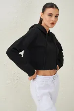 Women's Black Hooded Skirt with Messy Stitching Crop Sweatshirt