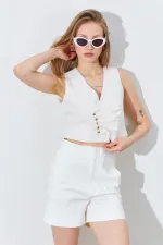 Kadın Beyaz Yanı Drapeli Gold Düğmeli Yelek