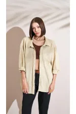 Kadın Taş Kendinden Çizgili Oversize Gömlek