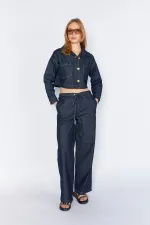 Women's Rins Wash Double Pocket Belted Loose Fit Jean Jacket and Pants Set