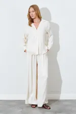 Kadın Krem Beli İnce Lastik Detaylı Saten Pantolon