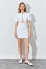 Kadın Ekru Karpuz Kollu Önü Düğmeli Mini Elbise