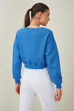 Women's Blue Crew Neck Three-Thread Oversize Crop Sweatshirt