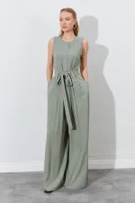 Kadın Haki Kolsuz Kuşak Bağlamalı Double Paça Tulum