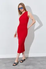 Kadın Kırmızı Tek Omuz Yanı Drapeli Sandy Elbise