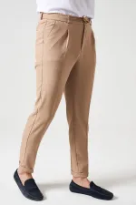 Erkek Bej Beli Yarım Lastikli Tek Pile Duble Paça Diamond Kumaş  Pantolon