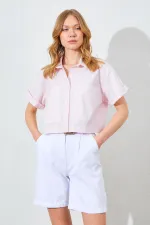Kadın Toz Pembe Çift Cepli Düşük Kol Crop Gömlek