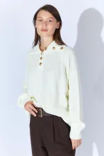 Kadın Kemik Şal Yaka Düğmeli Triko Kazak