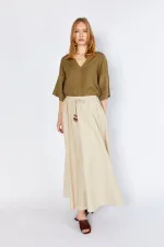 Women's Natural Skirt with Thick Stitching and Elastic Waistband