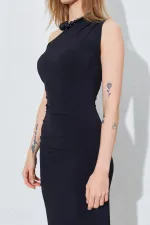 Kadın Siyah Tek Omuz Yanı Drapeli Sandy Elbise