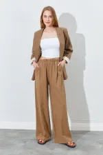 Kadın Kahve Beli Lastikli Palazzo Keten Pantolon