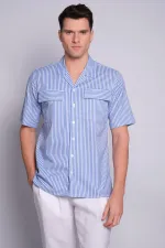 Chemise rayée à manches courtes pour homme, couleur pétrole, avec poches à rabat