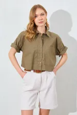 Kadın Haki Çift Cepli Düşük Kol Crop Gömlek