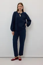 Kadın Lacivert Beli Lastikli Havuç Paça Muslin Pantolon