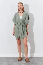 Kadın Haki Düşük Kol Kuşaklı Kimono