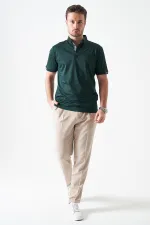 Erkek V008-Bej Yandan Lastikli Keten Efektli Tristan Dokuma Tek Pileli Duble Paça Pantolon