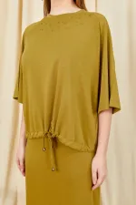 Women's Olive Green 164 Raglan Sleeve Tie Hem Blouse and Skirt Modal Set