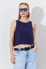 Kadın Lacivert Bisiklet Yaka Kolsuz Arka Yarım Fermuarlı Keten Bluz