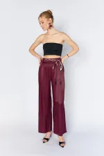 Kadın Mürdüm Beli Fular Kemerli Floş Saten Bol Paça Pantolon