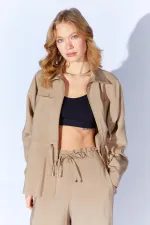 Kadın Vizon 155 Fermuarlı Bağlamalı Ceket Bol Kesim Pantolonlu Takım