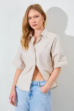 Kadın Taş Düşük Kol Tek Cepli Gömlek