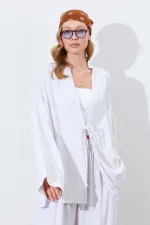 Kadın Naturel Önü İp Bağlamalı Kimone Ceket