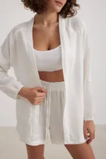 Kadın Ekru Beli Lastikli Müslin Şort