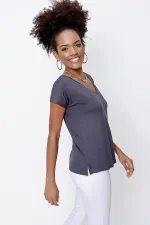 T-shirt ample à col en V gris fumé pour femme