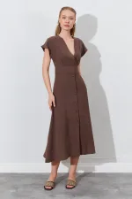 Kadın Kahve Kruvze Yaka Eteği Düğmeli Modal Elbise