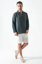 Erkek Çam Yeşili Uzun Kol V Ayaklı Yaka Regular Müslin Gömlek