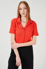 Kadın Nar Bürümcük Tek Cep Crop Gömlek