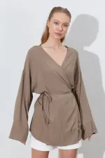 Kadın Toprak Kruvaze Yaka İp Bağlamalı Ceket