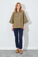 Kadın Haki Düşük Kol Önü Patlı Salaş Kesim Gömlek