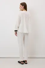 Women's Off-White Muslin Pants with Elastic Waist and Carrot Leg