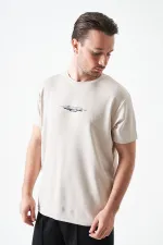 T-shirt beige à col rond pour homme en modal avec imprimé REFRESH