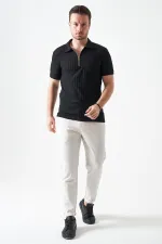 Erkek Siyah Ayaklı Yaka Fermuarlı Ağır Jakar Tişört