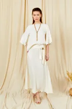 Kadın Krem 9090 Kısa Kollu Düşük Kollu Eteği Gold Tokalı Saten Takım