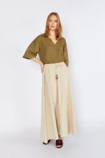 Women's Natural Skirt with Thick Stitching and Elastic Waistband