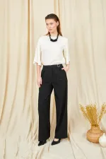Women's Black 3522 Loose Fit Trousers with Side Buckle