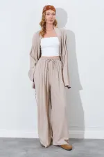 Kadın Koyu Bej Beli Lastikli Palazzo Keten Pantolon