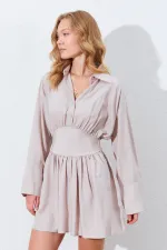 Kadın Bej Beli Oturtmalı Gömlek Yaka Elbise