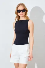 Kadın Siyah Kayık Yaka Yanları Büzgülü Sandy Bluz