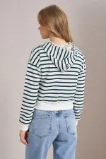 Women's Olive Green Three-Thread Striped Hooded Crop Sweatshirt